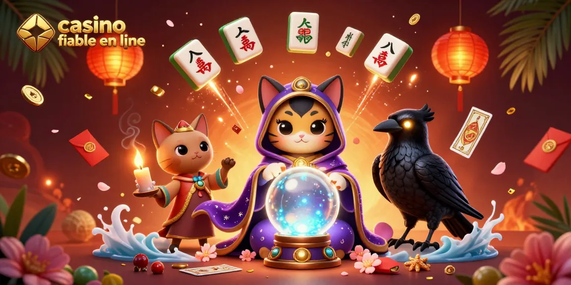 Illustration d'une scène mystique de casino fiable en ligne, avec des personnages animés, des éléments ludiques et une ambiance captivante.