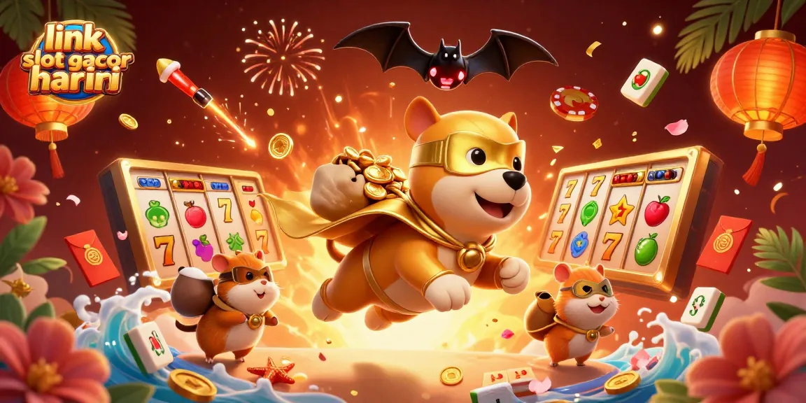 Ikuti petualangan permainan yang mendebarkan dengan link slot gacor hari ini saat anjing superhero kartun terbang dengan harta karun di tengah elemen kasino yang berkilau.