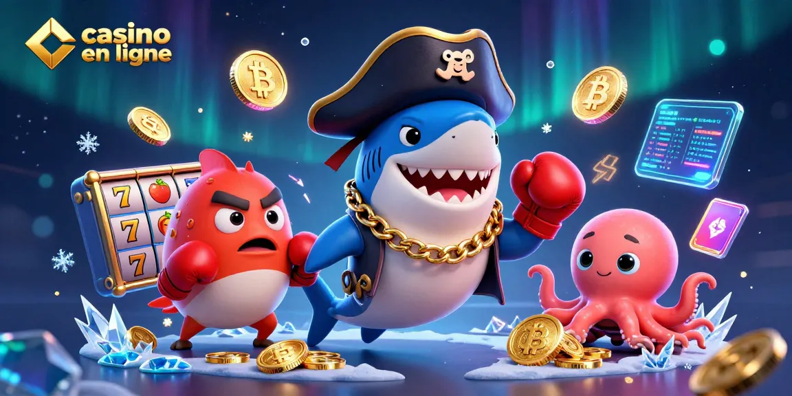 Jouez à des jeux de casino en ligne passionnants avec des personnages autour de machines à sous vibrantes et de pièces de crypto-monnaie.
