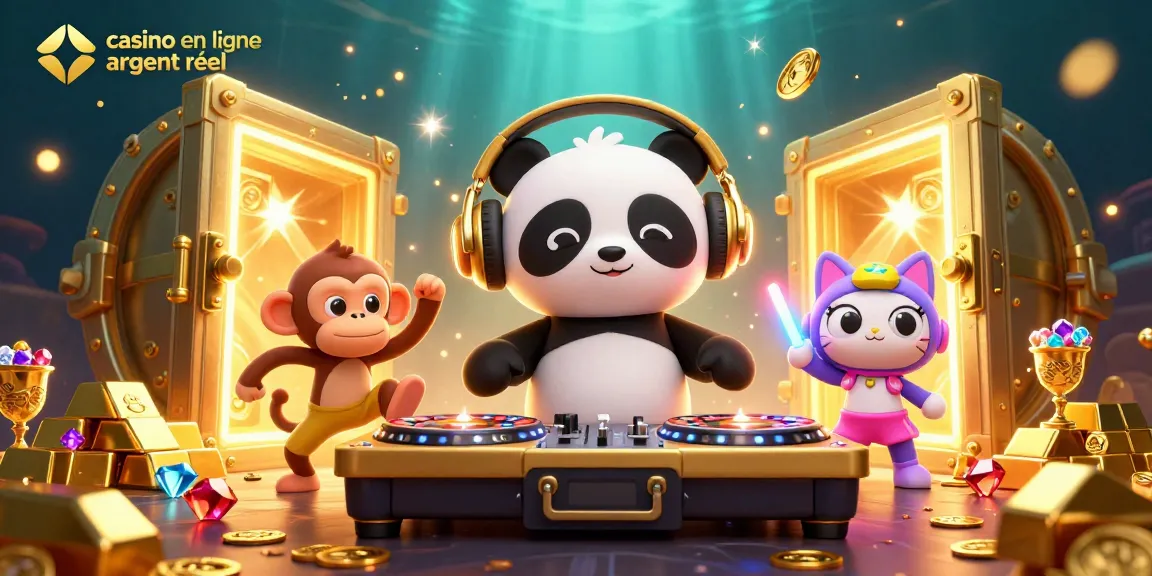 Vibrez avec casino en ligne argent réel grâce à un panda DJ, un singe et un chat en pleine fête.