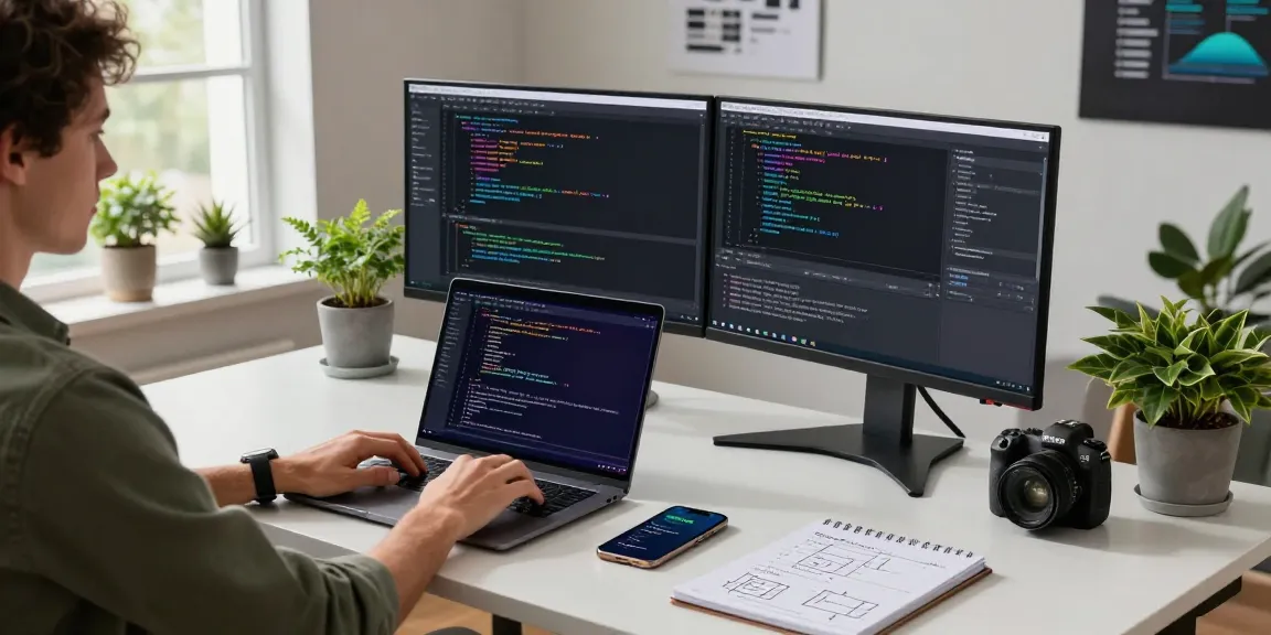 raja328 software developer coding at a modern workspace with dual monitors and creative tools