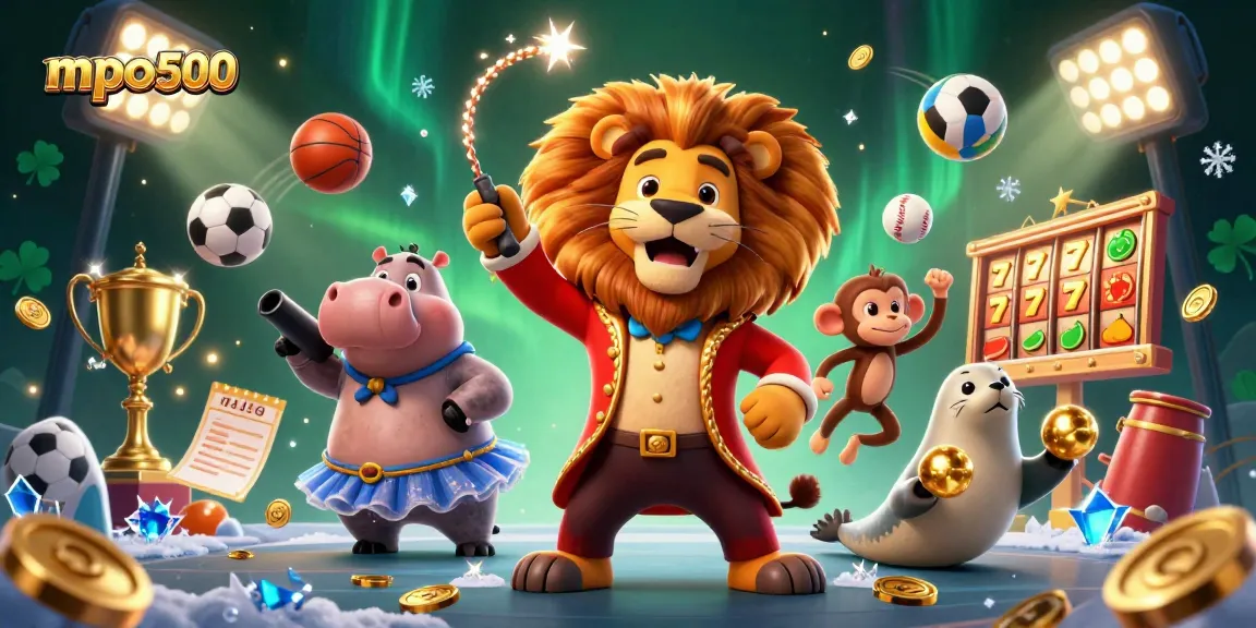 Experience the thrill of mpo500 with vibrant casino characters and dynamic game elements in a dazzling illustration.
