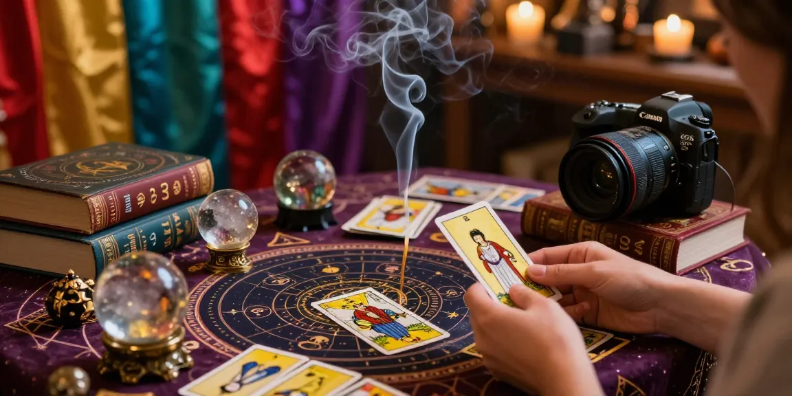 Prediksi nomor rejeki dengan tarot di ruangan mistis yang penuh simbol keberuntungan.