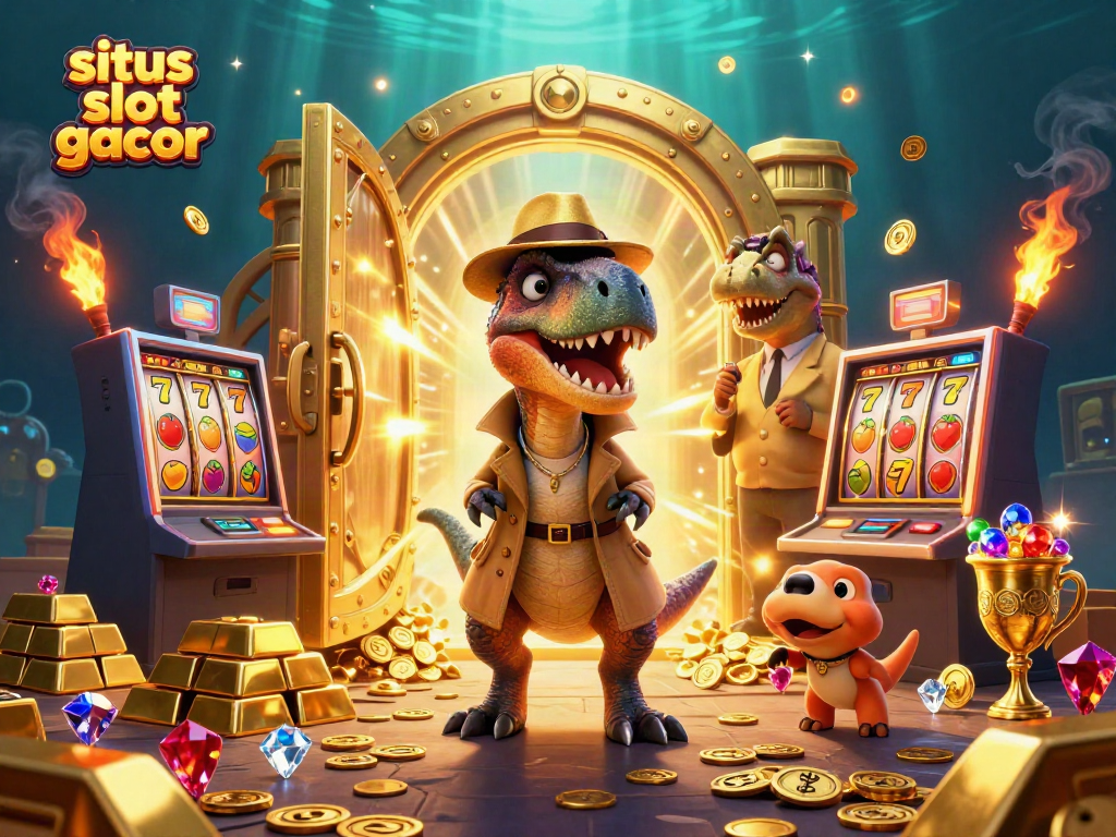 Engage with situs slot gacor as a velociraptor card counter interacts with a slot machine while a stegosaurus pit boss watches.
