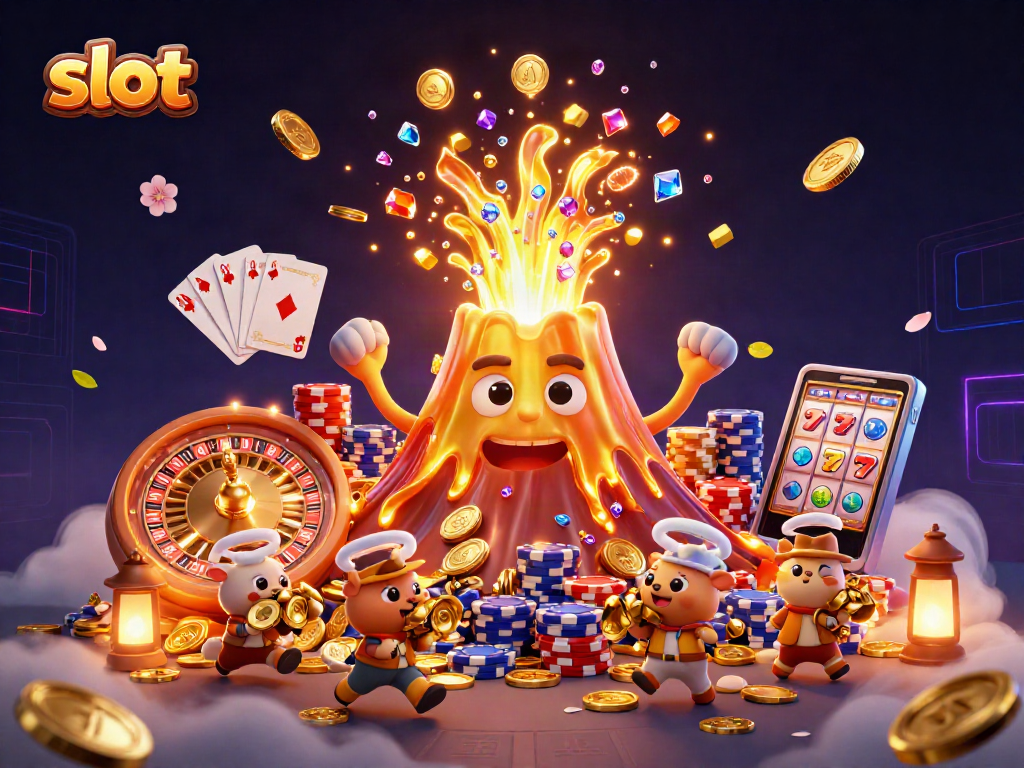 Engage with vibrant slot action featuring a golden volcano erupting coins and gems, enhancing your gaming experience.