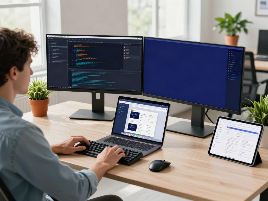 v2rayN software developer in a modern workspace with dual monitors