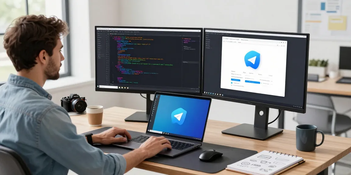 Developer using 纸飞机中文版 at a modern workspace with dual monitors and coding setup.