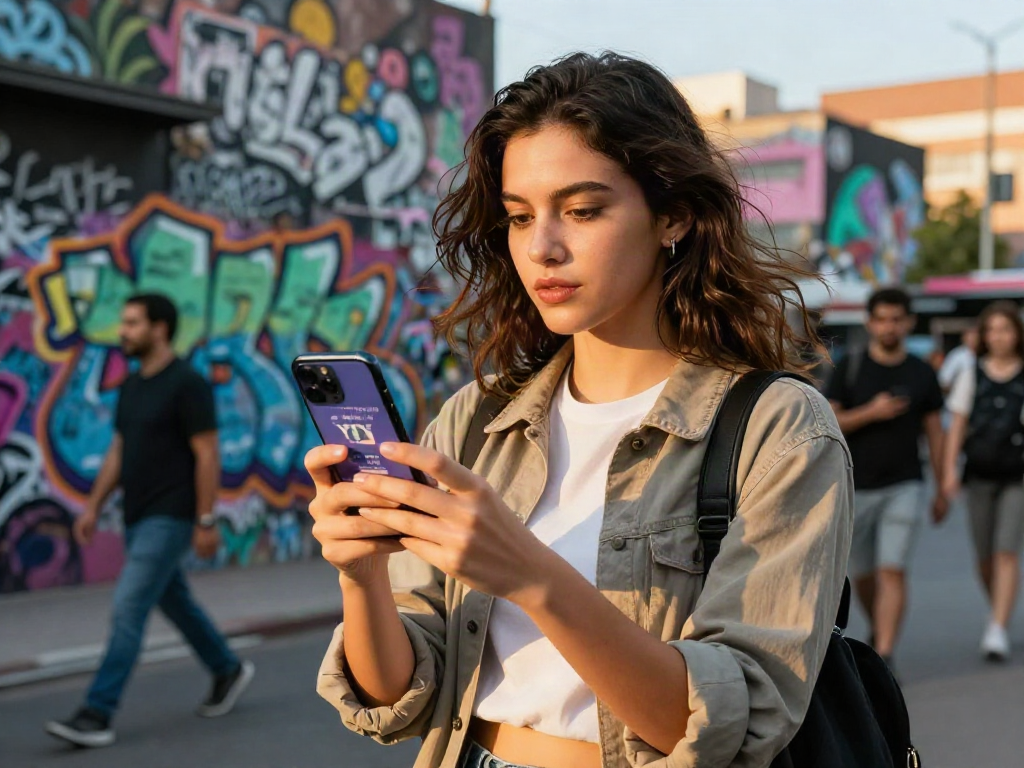 Confident woman using an app to find out how old do I look against vibrant street art.
