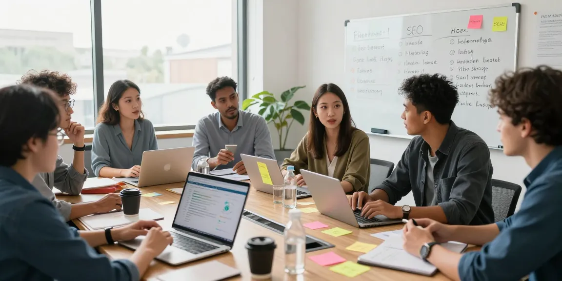 Collaborative marketing team discussing strategies for improving Homge page links for boost in a bright office environment.
