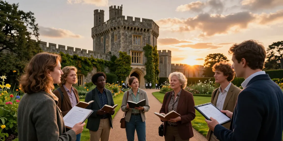 A group discussing Tynte's Castle at sunset, highlighting https://tyntescastle.com's historical significance.
