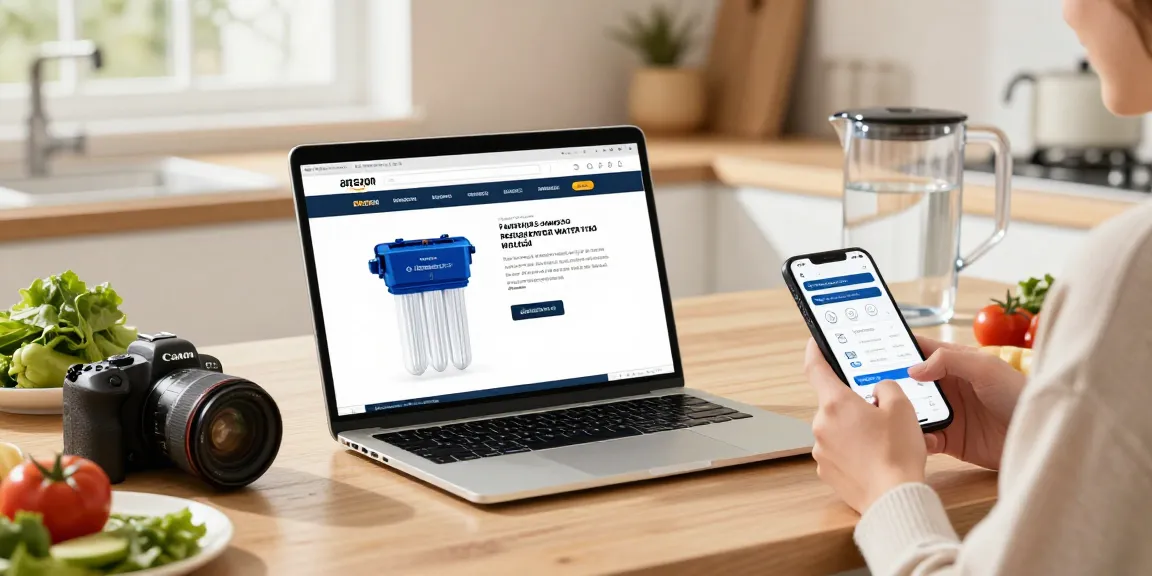 Filterlogic DA29-00003G Refrigerator Water Filter, Replacement for Samsung® DA29-00003B displayed on a laptop in a modern kitchen