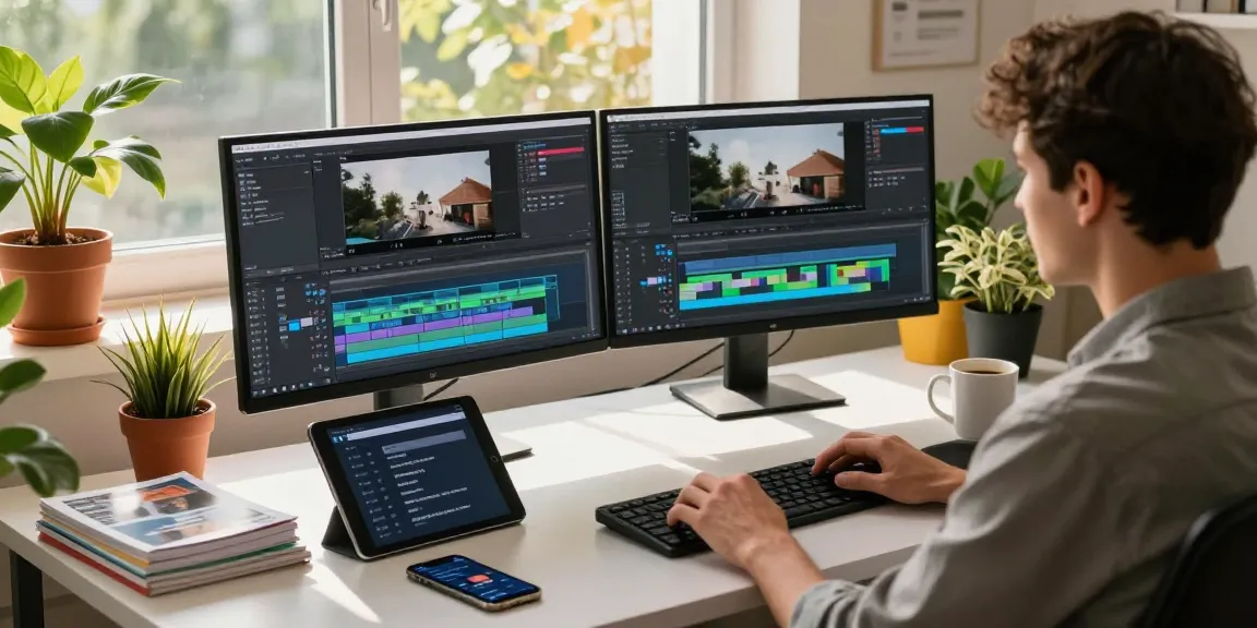 Video to prompt generator workspace with dual monitors, video editing software interface, and creative atmosphere.