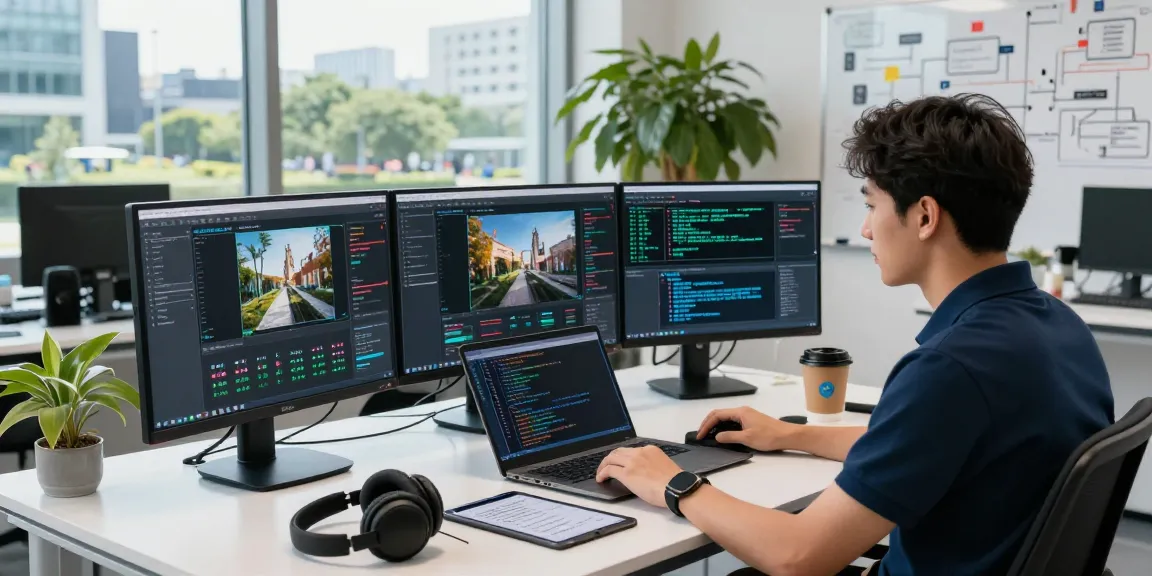 AI Image Detector in action, data analyst examining AI-generated images in a bright tech lab
