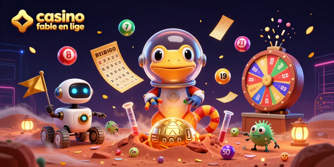 Casino fiable en ligne, illustration 3D dynamique d'un gecko martien découvrant un casino doré dans le sable de Mars.