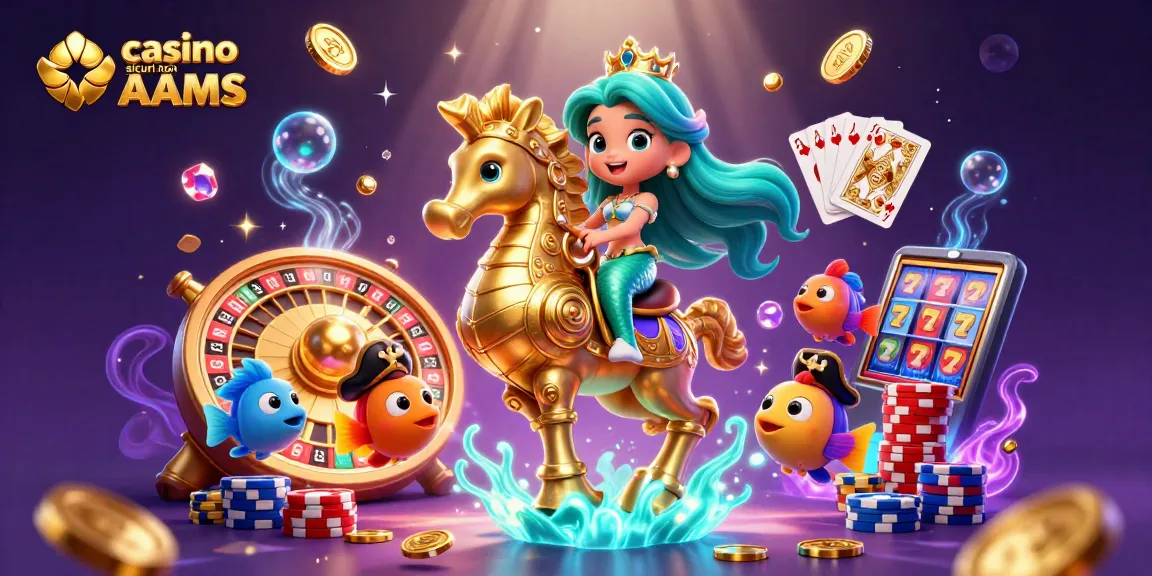 Cattura un momento avvincente nei casino sicuri non AAMS con una principessa sirena e il suo cavallo marino circondati da elementi di gioco.