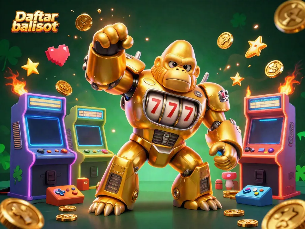 Experience thrilling action in Daftar balisot with a vibrant 3D casino illustration featuring a golden gorilla mech.