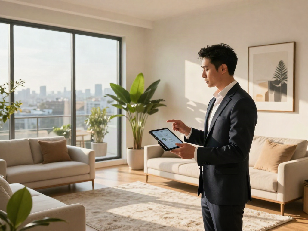 Luxury real estate agent presenting property features in a modern living room, showcasing slot 10k properties