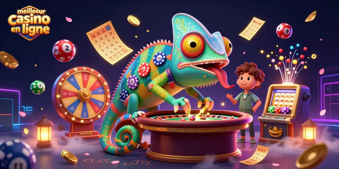 Illustration d'un caméléon propriétaire de casino attirant des jetons dorés dans un meilleur casino en ligne