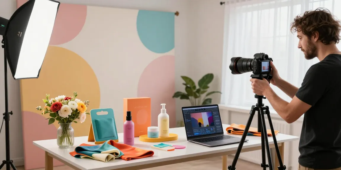 Photographe Commercial à Milan capturant des produits colorés dans un studio professionnel avec un éclairage doux.