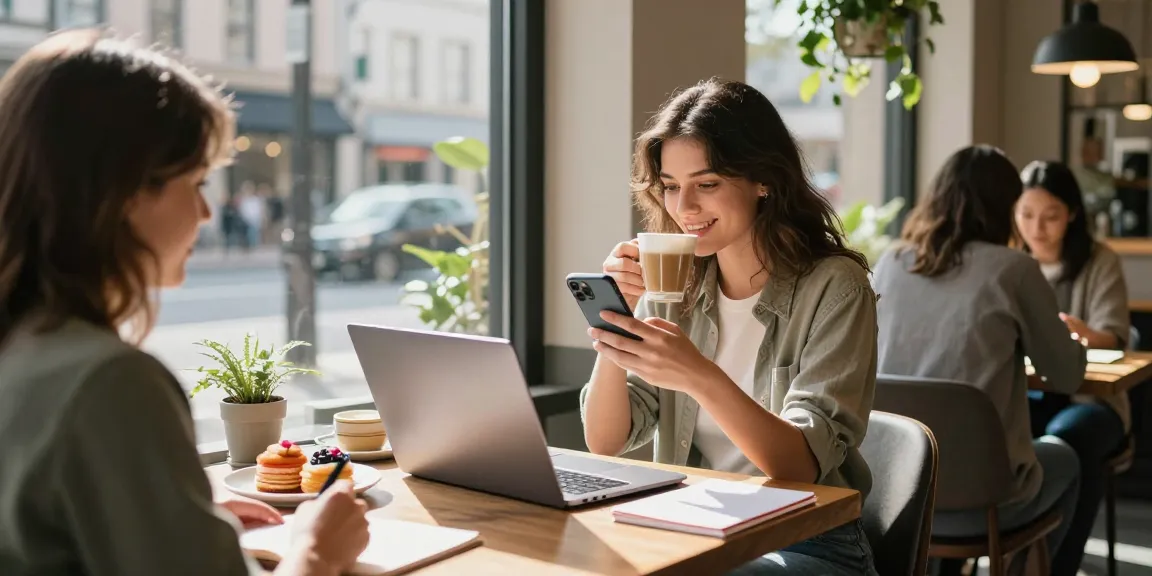 Young woman enjoying coffee and smiling at her phone, experiencing a crush on someone in a vibrant café setting