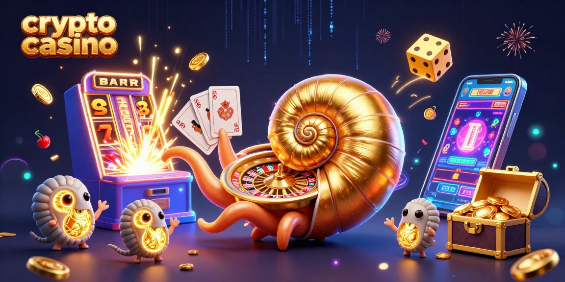 Plongez dans un casino crypto où un nautilus géant fait tourner une roulette tout en tenant des mains de cartes.
