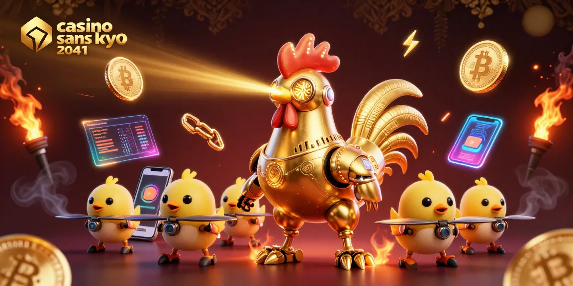 Gagnez avec casino sans kyc 2041 grâce à un robot doré futuriste et des symboles de crypto-monnaie dynamiques.