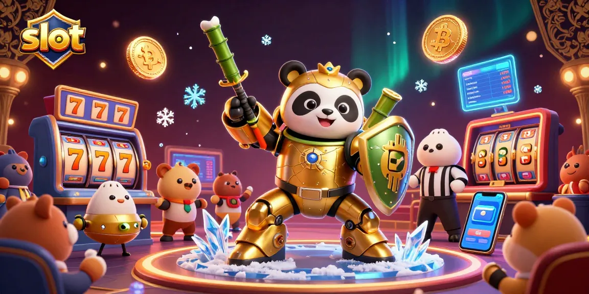 Engage with slot games in a lively casino arena with animated 3D characters and crypto elements.
