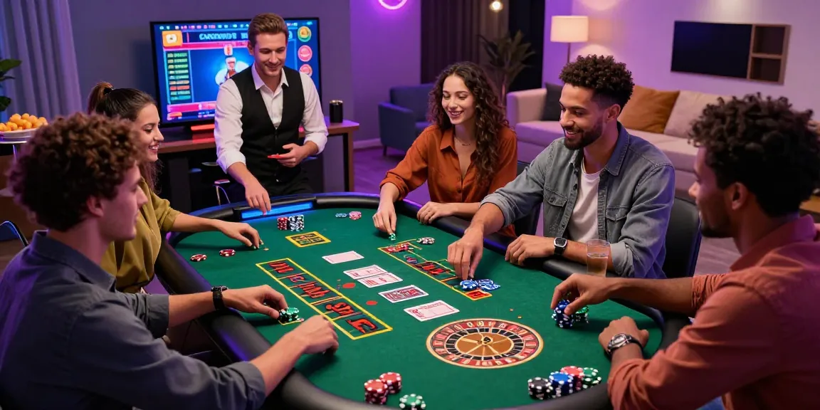 Groupe d'amis profitant des jeux de casino en ligne France ensemble dans un environnement de jeu numérique animé.