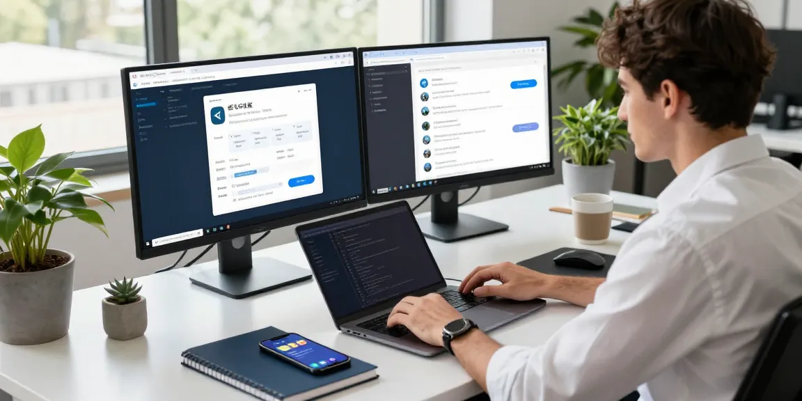 Workspace featuring a developer using the 纸飞机中文版 Telegram app on dual monitors, with a modern desk setup.