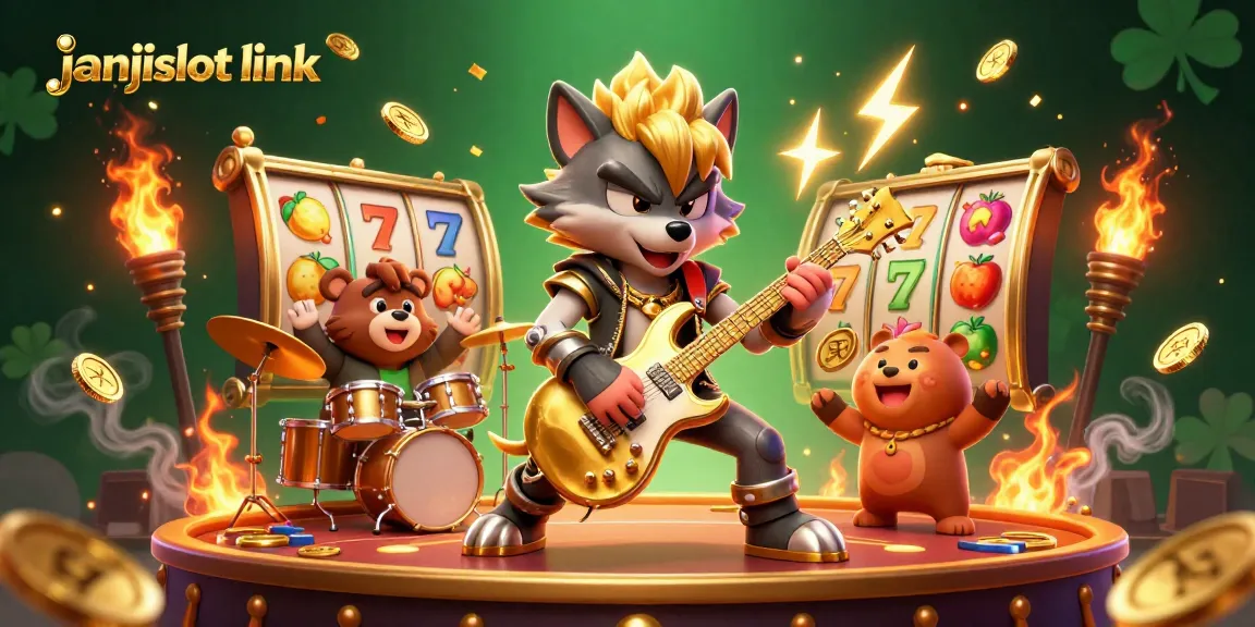 Join the excitement with janjislot link as the rock star wolf shreds in a vibrant casino scene.