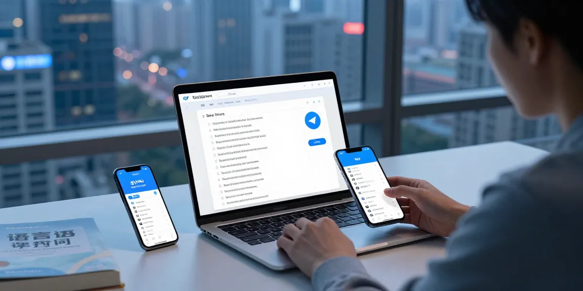 Exploring the telegram china app guide in a modern workspace focused on language settings and VPN configuration.