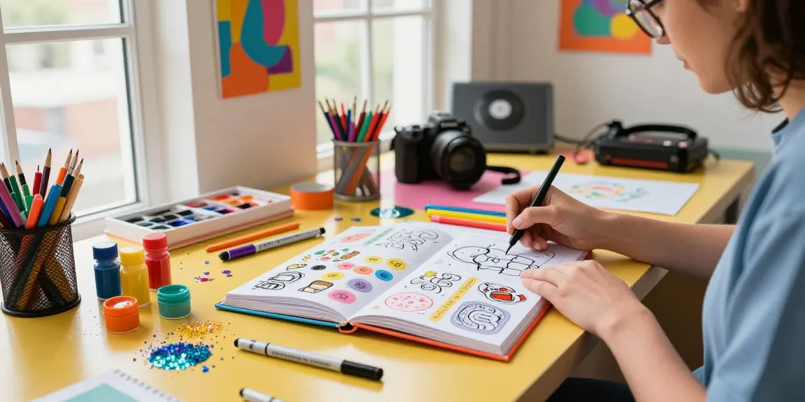 Creative workspace with artist designing a reusable sticker book surrounded by colorful art supplies and natural light.