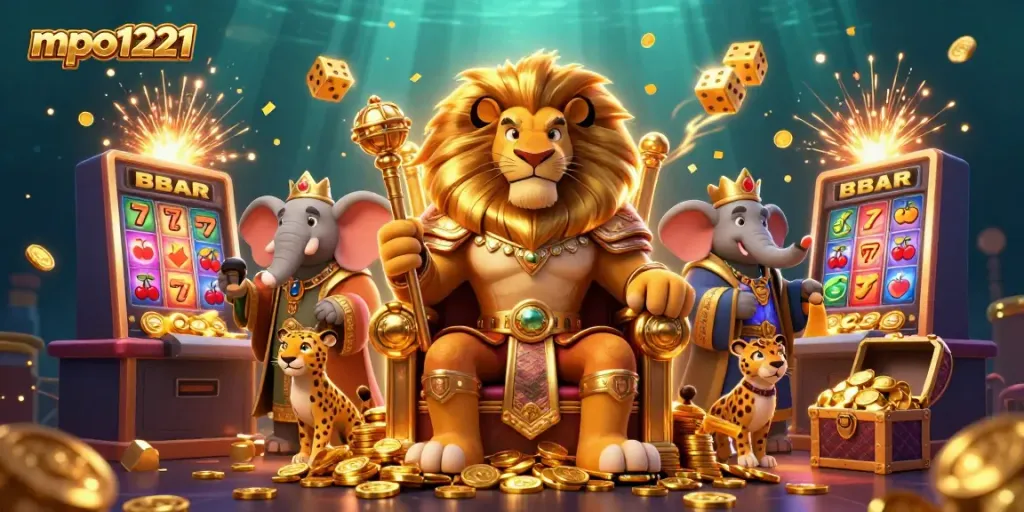 Experience an epic win with mpo1221 in a vibrant 3D casino atmosphere, showcasing slot machines and roaring lion king.