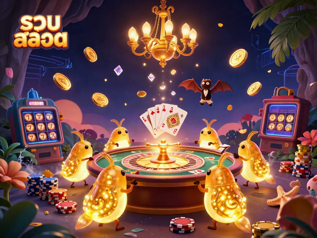 Engage in exhilarating gaming at รวมสล็อต as glowworms illuminate a vibrant cave casino.
