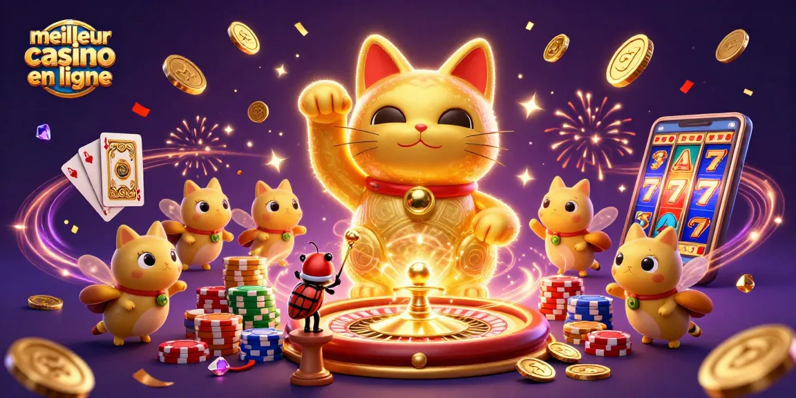 Découvrez le meilleur casino en ligne avec ce visuel captivant d'un chat chanceux animé.