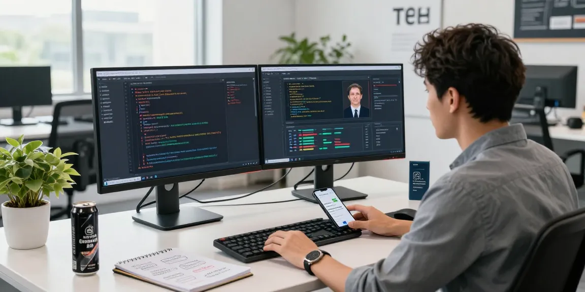 Innovative age verification system workspace with dual monitors, AI data on screens, and a professional atmosphere.