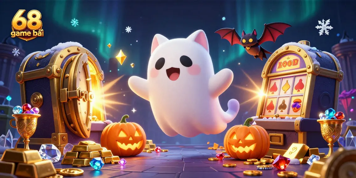 Play thrilling games at 68 game bài with ghostly cat and vampire bat in a haunted casino scene.