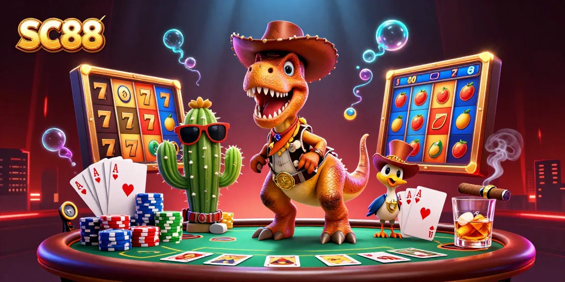 Engage with SC88's thrilling slot experience featuring a cartoon dinosaur, cactus, and roadrunner amidst vibrant casino elements.