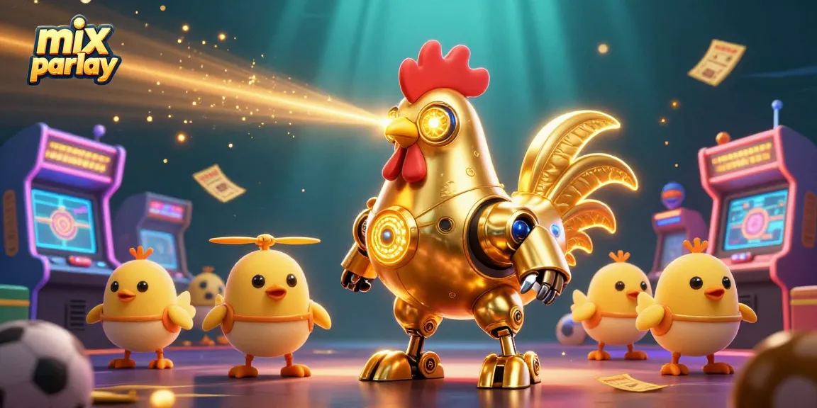 Engage in exciting mix parlay betting with a vibrant casino scene featuring a golden rooster robot.