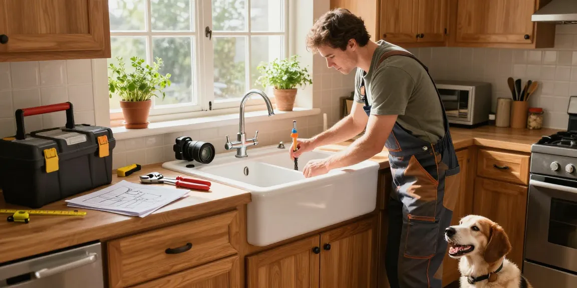 Plumber from coventryat7.co.uk working on a sink installation in a warm, inviting kitchen.