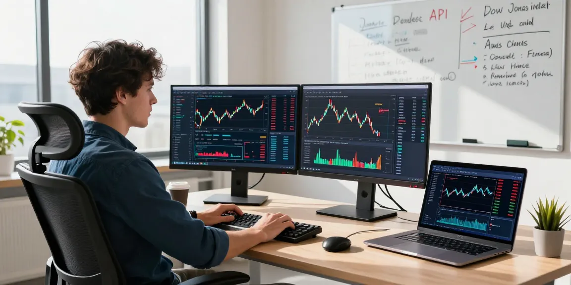 Visual representation of a developer using the Dow Jones index API in a modern finance tech workspace.