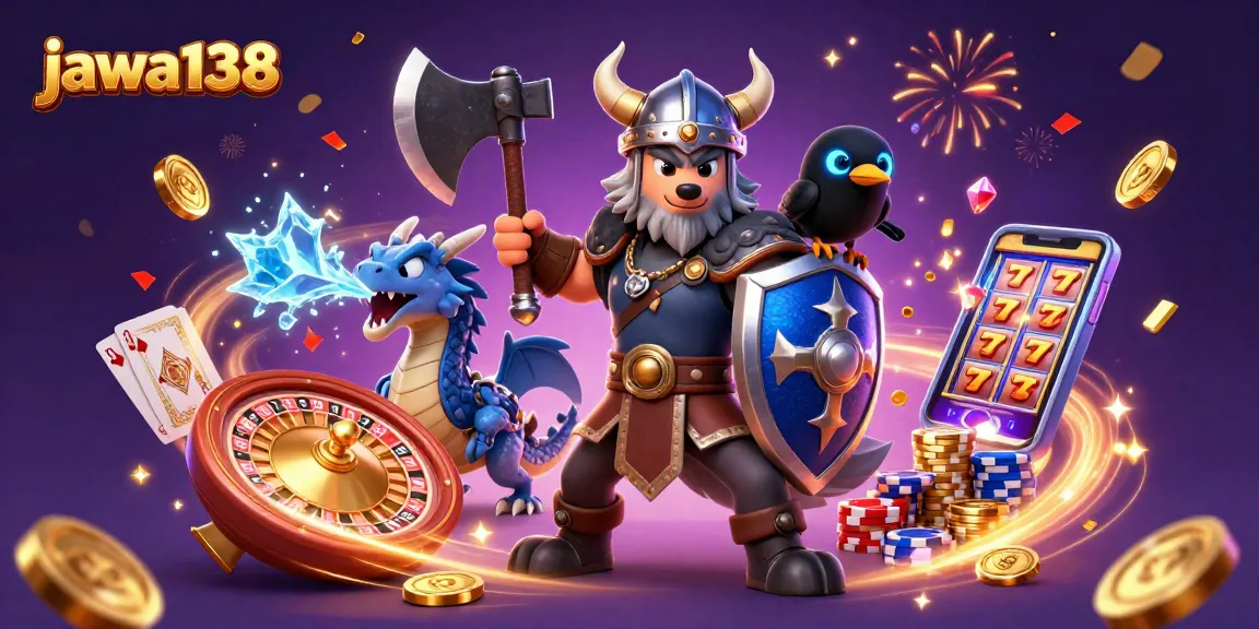 Play thrilling casino games at jawa138 with a Viking wolf warrior and festive symbols.