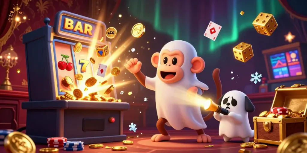 Permainan slot gacor dengan keberuntungan dan strategi, menampilkan hantu dan anjing pemburu di kasino angker.