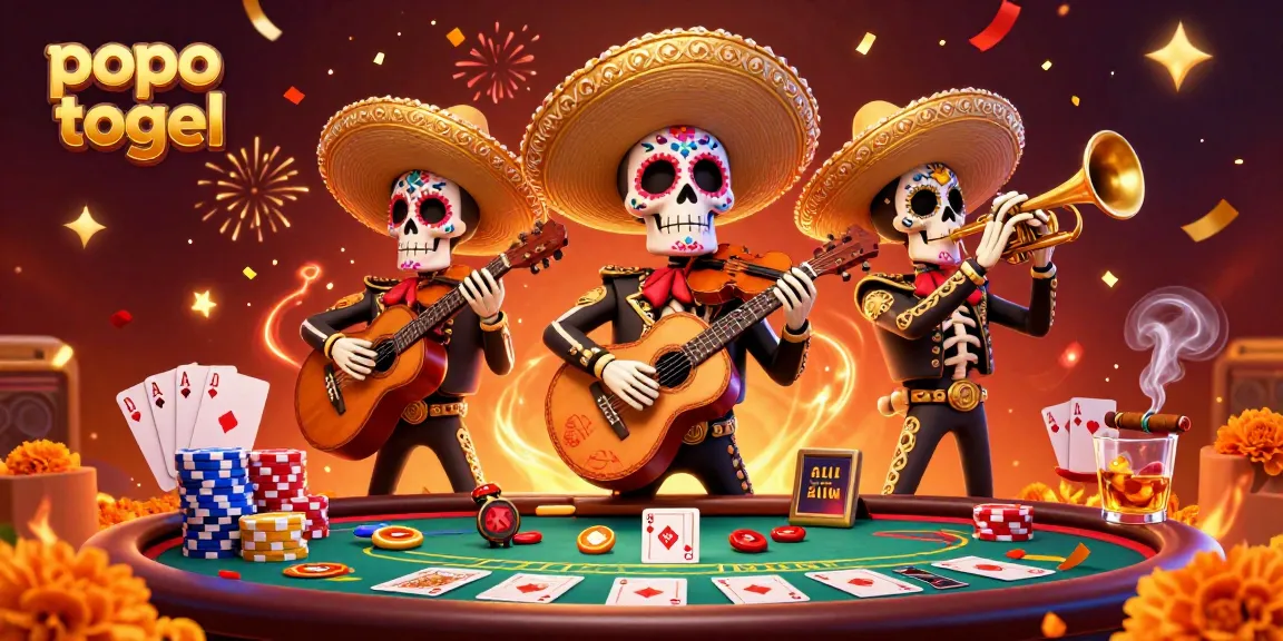 Experience popo togel excitement with lively mariachi characters surrounded by poker elements.
