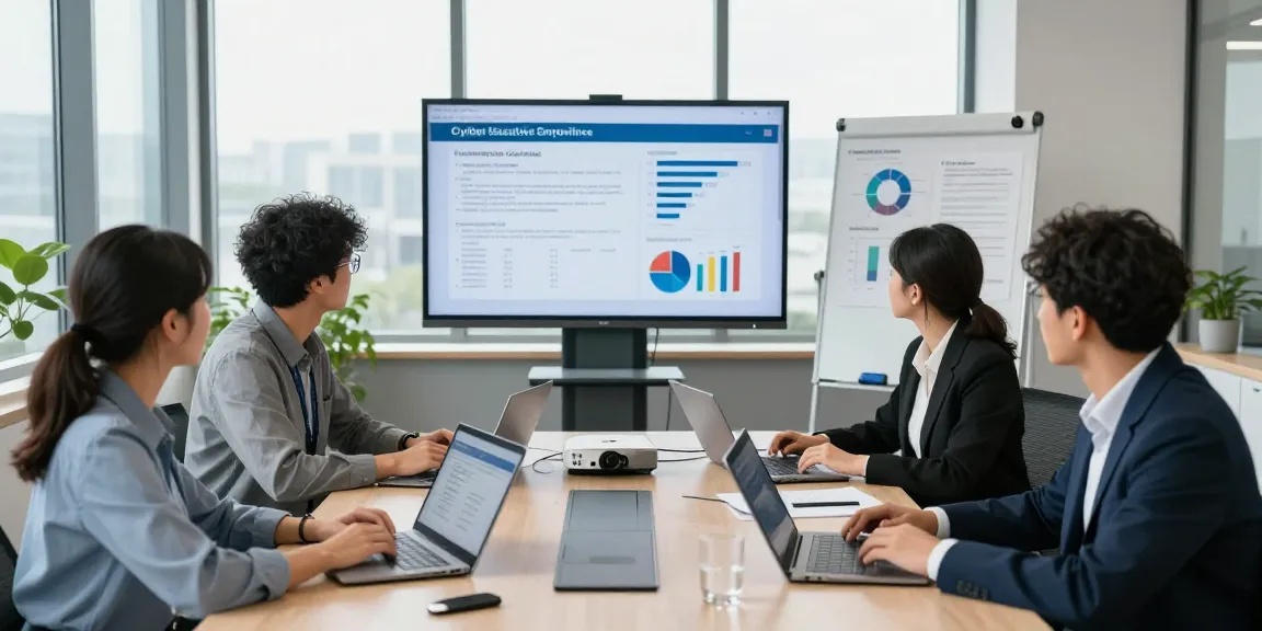 Cyber Essentials compliance meeting with diverse professionals discussing cybersecurity strategies in a modern office.
