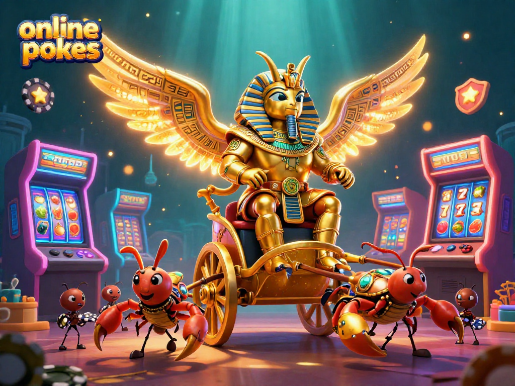 Engage in online pokies action with a vibrant scene showcasing a colossal scarab beetle and scorpion chariot.
