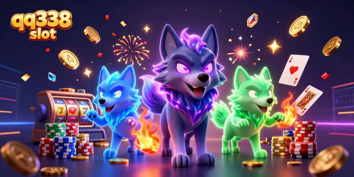 Spin thrilling qq338 slot reels in a vibrant 3D casino scene filled with magical energy and celebration effects.