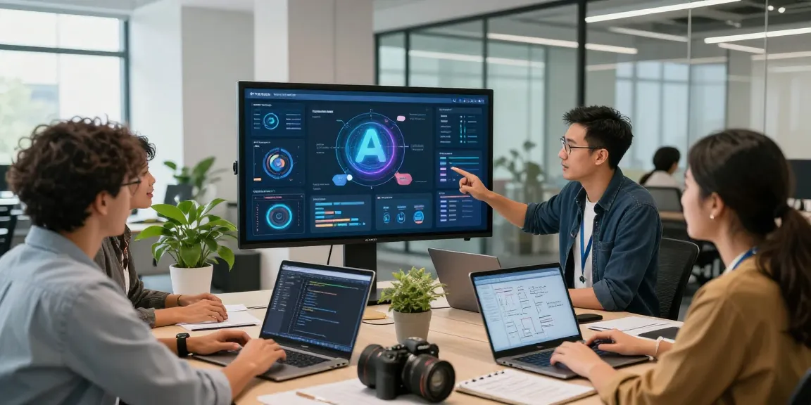 Group of professionals collaborating on AI assistant projects in a modern workspace.