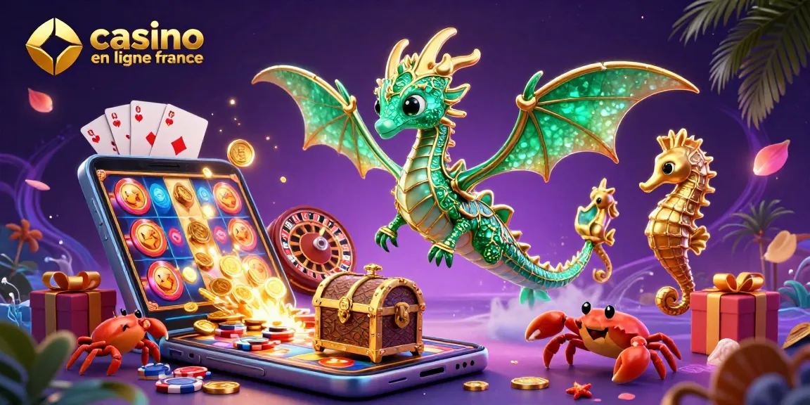 Engagez-vous avec la scène vibrante du casino en ligne France mettant en vedette un dragon de mer et des éléments de jeu dynamiques.
