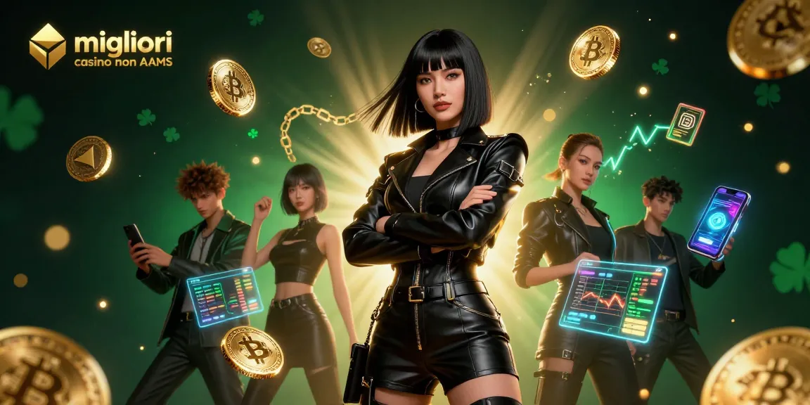 Interagisci con i migliori casino non AAMS attraverso un'illustrazione di casino digitale elettrizzante che rappresenta elementi blockchain vibranti.